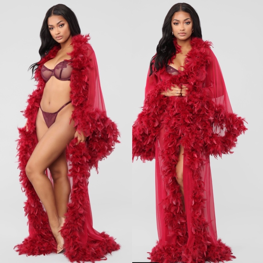 Sheer robe with feather trim